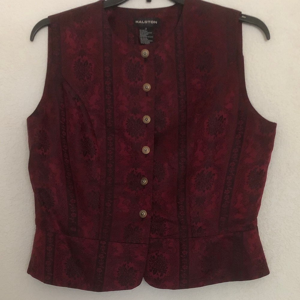 Halston Vintage Red Brocade Button Front Vest